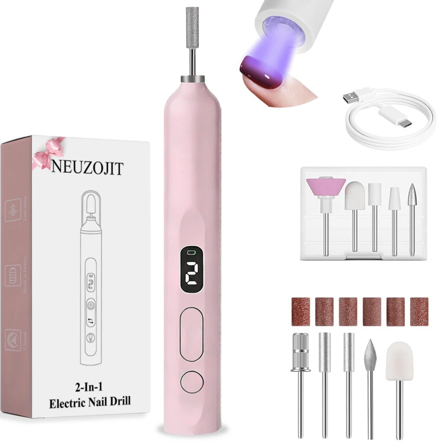 NEUZOJIT Nail Drill And UV Light Set, Portable Electric Nail Drill And UV Nail Lamp 2 In 1 Nail Tools With LED Display, 3 Speed Fast-Dry Rechargeable Nail Drills Machine For Curing Polish And Remove - 粉色 - 查看 1
