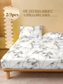 2/3pcs White Marble Geometric Pattern Bedding Set (1pc Fitted Sheet + 1/2pcs Pillowcase), Soft & Breathable, Fits Twin, Full, Queen, King Size Beds, Fitted Sheet Depth Up To 11.8 Inches, Home Textile - White - View 2