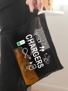 網格化妝包印有「Charger」字母，便攜式收納包，多功能收納包，化妝包，護膚包，旅行必需品，宿舍用品，珠寶收納，口紅和化妝品收納包。適合商務人士和旅行者，實用便攜式收納包，完美用於存放旅行、辦公室和居家數位配件，推薦作為節日和生日禮物 - 彩色 - 查看 5