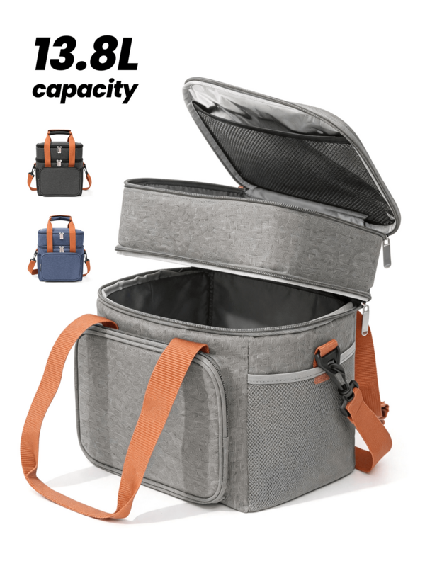 Large Capacity Double Layer Insulated Lunch Bag With Shoulder Strap,Leakproof Thermal Bento Bag With Thick Aluminum Lining,Reusable&Portable Lunch Box For Women/Students/Adults,Multi-Compartments For Work,Back To School,Office, Picnic,Travel,Camping