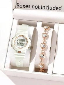 Casual Electronic Watch For Middle And High School Students, Minimalist Versatile Wristwatch And Heart Bracelet Set, Suitable As Back To School, Graduation Season, Valentine's Day Gift - Multicolor - View 2