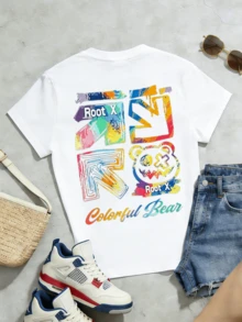 Women's Summer Casual Soft Round Neck Short Sleeve T-Shirt,Colorful Bear Print Graphic Suitable For Casual Spring And Summer Wear. - Blanco - Ver 5