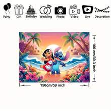 Lilo & Stitch Birthday Backdrop, Polyester Hawaiian Beach Theme Photo Background With Cartoon Characters, Waterproof Wrinkle-Resistant Birthday Party Photography Decoration Banner - Multicolor - View 8