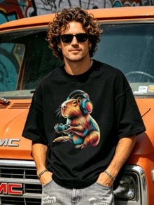 Herren Sommer Lässig Weiches Rundhals Kurzarm-Shirt, Gaming Capybara Muster Grafik Frühling und Sommer Kleidung. Weiß - Schwarz - Übersicht 4