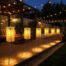 1pc Rattan Solar Floor Lamp, Outdoor Garden Deck Lamp, Spring Outdoor Restaurant Desktop Atmosphere Lighting Fixture, Light Source Sensing Control, 3 Adjustable Heights, Suitable For Camping Corridors, Deck Steps, And Path Decoration - Solar - View 2