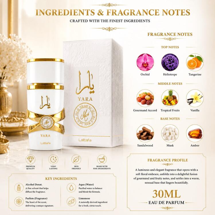 Lattafa Yara White EDP 30ML 女用香水 持久花香香草麝香調 - 甜美風 - 查看 3