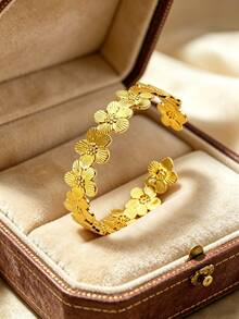 2PCS/1pc Minimalist Fashion Natural Elegant Style Plumeria/Asymmetrical Lava Bracelet Design Stainless Steel Women's Bracelet Suitable For Women's Daily Wear/Party/Commute/Dinner/Afternoon Tea/Can Be Given As A Holiday Gift To Friends - Yellow Gold - View 5