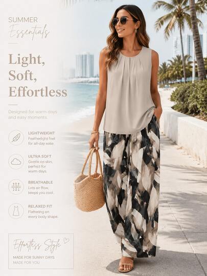 Conjunto de 2 piezas de top de tirantes elegante y shorts de talle alto, disponible en varios colores, de ajuste suelto y ligero, conjunto informal para oficina, vacaciones y uso diario | Apto para todas las edades/Conjuntos de verano para mujer/Conjunto de dos piezas para mujer/Atuendos de vacaciones para mujer/Ropa de verano/Conjunto de dos piezas para mujer/Atuendos de playa para mujer/Blusas de verano/Conjuntos de dos piezas para mujer/Conjuntos de entrenamiento para mujer/Glowmode