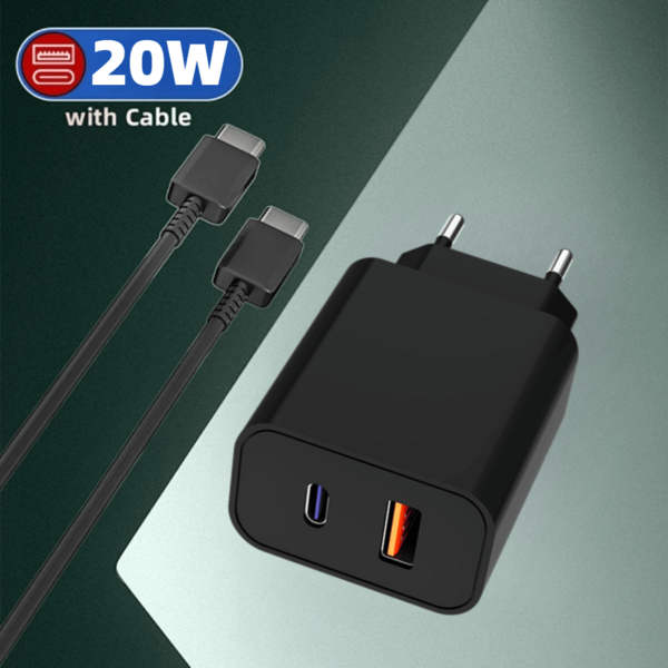 20W Dual Port USB A + Type C Fast Charger Adapter, Portable Wall Charger With USB C To C Cable, Compatible With IPhone 12 13 14 15 16 17 Pro Max Pro, Black