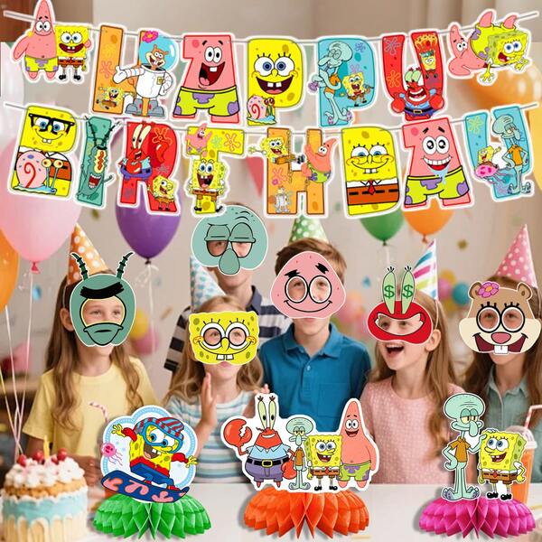 16pcs Cute Squid, Sandy Cheeks, Crab Party Decorations Set, Happy Birthday Banner, Honeycomb Tabletop Decor, Funny Face Cutouts, Kids Birthday Party Photo Booth Props
