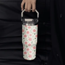 1/5個 30盎司保溫旅行隨行杯，柔粉色雛菊迷你愛心圖案，可折疊攜帶把手，雙功能防漏杯蓋，可重複使用不鏽鋼杯，適合花卉愛好者年輕女性的節日與生日禮物 - 白底粉花 - 查看 7