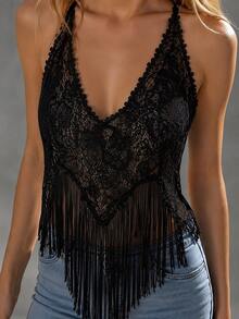 Women's Boho White Lace Fringe Halter Top, Sexy Deep V Sheer Lace, Sleeveless Fringe Hem,  Outfit For Summer, Beach, Music Festival & Night Out - 黑色 - 查看 7