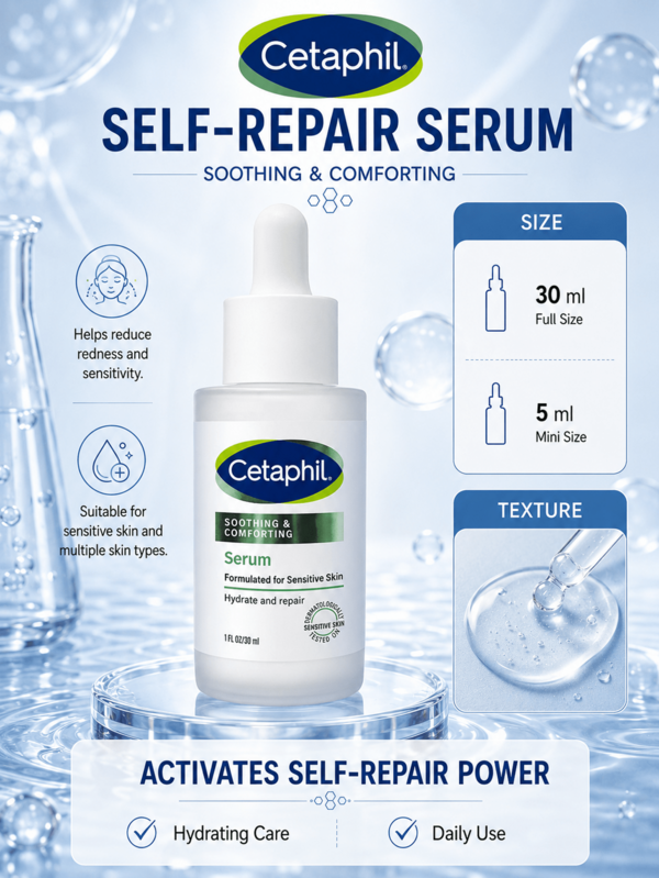  Cetaphil 舒緩修復精華液，正裝 30ml / 試用裝 5ml。溫和配方，專為敏感肌研發，保濕修復、舒緩穩定，改善皮膚紅腫與不適；深層滋養保濕，恢復肌膚原貌。質地輕盈清爽，快速吸收，適合乾性及缺水肌膚，可用於日常護膚與肌膚修復，有效強化皮膚屏障。敏感肌護理必備，亦適合作為生日、節日等場合的禮物