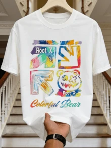 Herren Sommer Lässig Weiches Rundhals Kurzarm T-Shirt, Bunter Bär Root X Muster Grafik Ideal für Frühling und Sommer Tragen. - Weiss - Übersicht 5
