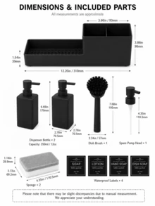 11件套哑光黑色皂液器套装，包含2个350毫升/12盎司塑料按压瓶、洗碗刷、备用泵头和水槽收纳架，适用于厨房、浴室和洗衣房台面。 - 方形雙皂液器 - 查看 5