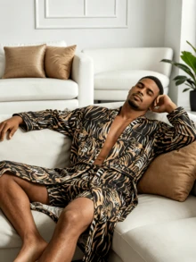 QING ROU 2-Piece Men's Sleepwear Set With Long Robe And Shorts, Tiger Patterned Ice Silk Bathrobe, Suitable For Home Wear, Leisure And Vacation - Multicolor - View 11
