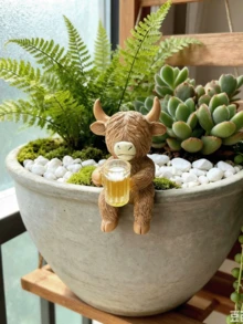 4pcs/1pc Highland Cow Statue Planter Decor, Highland Cow With Wine Glass Design, Cute Planter Accessories Resin Frog Statue Fairy Garden Aesthetic Plant Decor, Suitable For Garden, Yard, Lawn Decor Enthusiasts - A - View 16