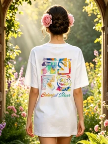 Women's Summer Casual Soft Round Neck Short Sleeve T-Shirt,Colorful Bear Print Graphic Suitable For Casual Spring And Summer Wear. - Blanco - Ver 4