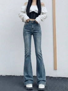 YEAE | Celana Jeans Flare Hitam Wanita, Celana Denim Panjang Kasual Tanpa Peregangan dengan Saku Kancing dan Detail Resleting Musim Semi dan Gugur - Medium Wash - View 4