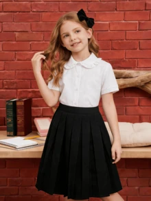 Girls' School Style A-Line Skirt, Comfortable Elastic Waist, Pleated Design, High-Waisted, Versatile For School, Party And More Occasions, Spring/Summer - Black - View 2