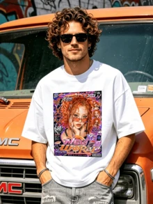 Camicia casual estiva da uomo con collo rotondo morbido e maniche corte, stampa grafica Y2K da rivista, abbigliamento primavera ed estate. Nero - Bianco - Visualizzare 4
