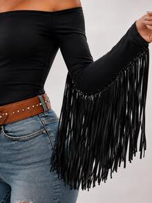 Women's Western Cowgirl Off-Shoulder Fringe Top, Sexy Slim Fit Long Sleeve, Soft Breathable Vintage For Festival Party & Daily Casual Wear - 黑色 - 查看 10