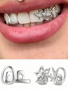 1pc Women's Vintage Metal Inlaid Diamond Cross Tooth Jewelry - Silver - View 1
