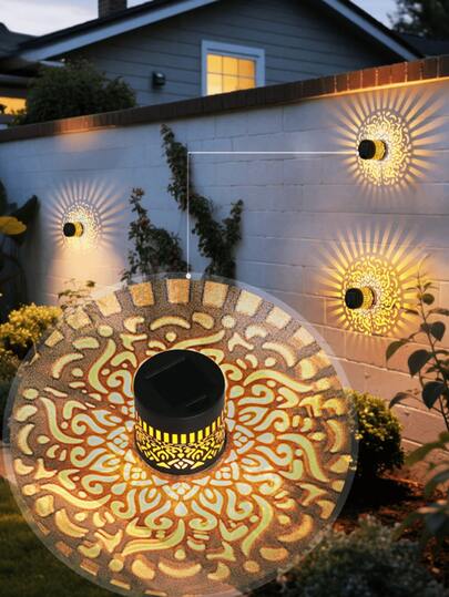 1pc Solar Fence Light, Outdoor Wall Light With Hollow-Out Design, LED Solar Light Suitable For Garden, Yard, Patio, Stairs Lighting, Applicable For Garden, Lawn, Patio, Stairs, Birthday Party Decor, Yard Garden Decor, Front Door Decor, Christmas & Halloween Party Yard Decor, Ramadan Lantern, Ramadan Decor