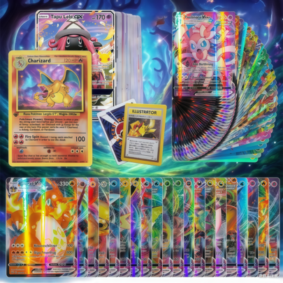 300張動漫迷你遊戲卡，包含V系列VMAX卡、稀有GX卡、動漫遊戲卡、支援卡、閃卡，適合節日禮物、派對用品、生日禮物、DIY裝飾、卡片收藏，隨機款式