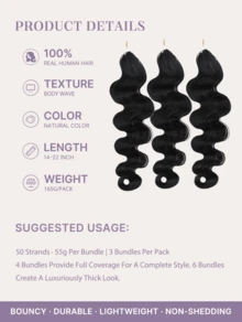 Y WIGS Miracle Knots Human Crochet Hair 150 Strands 14-20 Inch Natural Color Body Wave Pre-Separated 100% Remy Human Hair Lightweight, Durable Feather Crochet Hair For Soccer Games, Sports, Christmas, Daily And Holiday - Natural Black - View 3