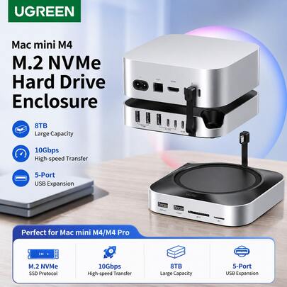 UGREEN Mac Mini M.2 SSD Expansion Dock, Mac Mini Expansion Kit, Includes Dock + Hard Drive Enclosure + Riser Stand, M.2 SSD Expansion Dock, USB 3.2 Interface, Compatible With M4/M4 Pro Apple Desktops.