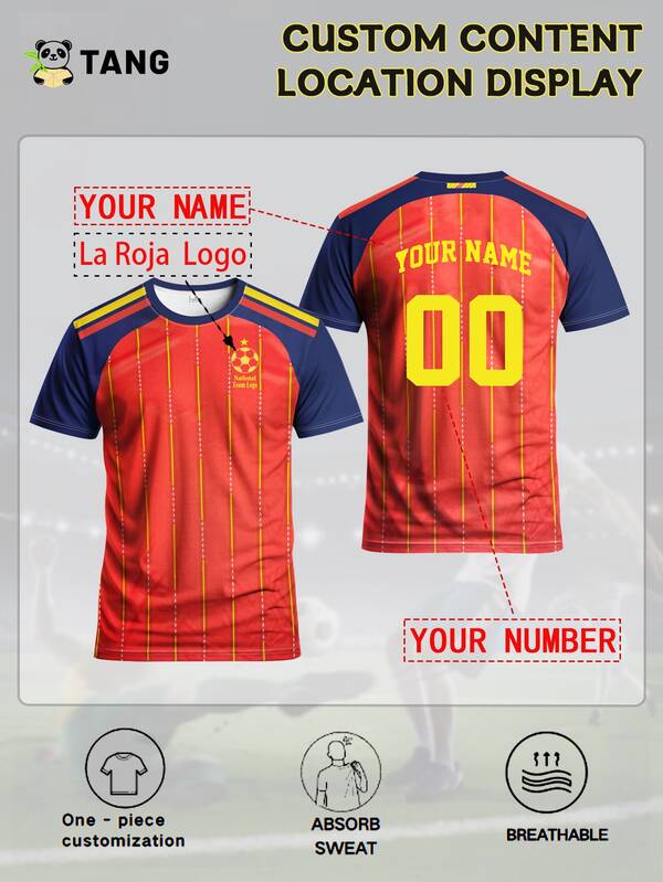 Custom Spain 25/26 Home Jersey, Personalized With Name & Number, Comfortable Round Neck Sports Shirt, Soft & Lightweight Football Tee, Suitable For Football Training, Casual Wear, And Gift