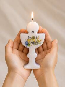 Vela cáliz decorativa Mi Primera Comunión, ceremonia religiosa, incluye bolsa celofán y listón, recuerdo regalo decoración centro mesa personalizada - Blanco - Ver 1