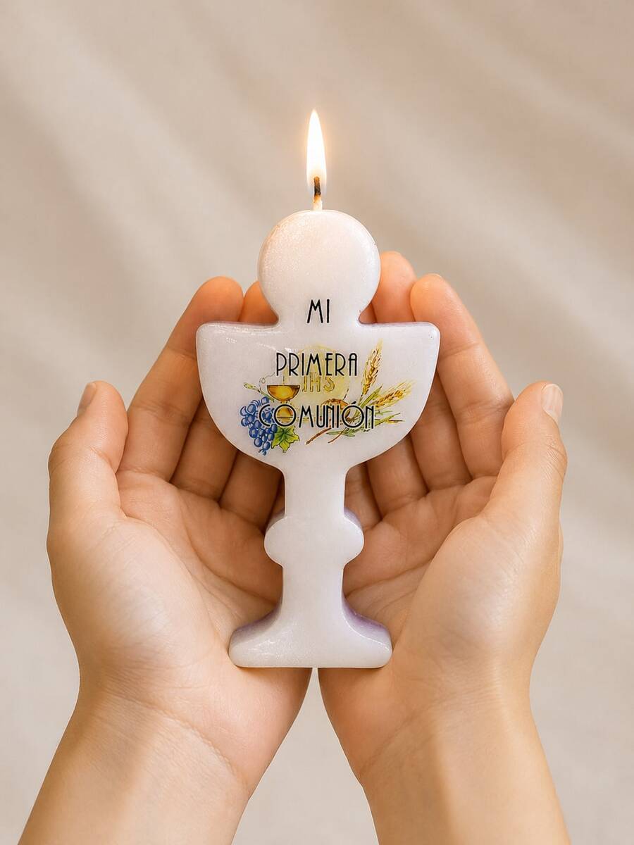 Vela cáliz decorativa Mi Primera Comunión, ceremonia religiosa, incluye bolsa celofán y listón, recuerdo regalo decoración centro mesa personalizada - Blanco - Ver 1