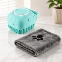 Bộ dụng cụ tắm cho thú cưng, gồm bàn chải massage silicon mềm mại và khăn lau nhanh khô bằng sợi microfiber, thích hợp cho thú cưng. - Xem 1