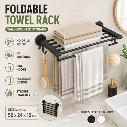Plastic Wall-Mounted Double-Layer Storage Rack - 90 Degree Folding Compact Bathroom Towel Rack & Clothes Drying Rod (Random Color)
