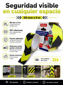 Cinta reflectante de advertencia amarilla y negra de alto brillo, 50 mm x 5 m, impermeable y resistente al desgaste. Cinta de señalización de  práctica. Ideal para propietarios de automóviles, trabajadores de almacenes, personal de administración de propiedades y demás. Cinta autoadhesiva resistente para usar en garajes, escaleras, almacenes, estacionamientos y otras áreas peligrosas. Material de señalización de . - cinta reflectante - Ver 3