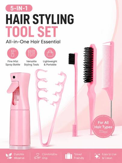 WANMEI 5-In-1 Hair Styling Tool Set, All-In-One Hair Styling Kit, Fine Mist Spray Bottle, Hair Texture Comb, Edge Control Brush, Rat Tail Parting Comb, Portable Hair Styling Tools For All Hair Types