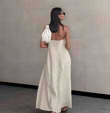 Womens Linen Wrap Dress Backless Maxi Sleeveless Two Colors Ivory And Linen Beige Beach Wedding Guest Dress High Waist Vacation Long Dress - 米色 - 查看 7