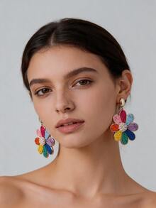 1 Pair Handmade Bohemian Style Raffia Woven Floral Earrings, Retro Contrast Color Metal Earrings, Suitable For Beach, Party, Afternoon Tea, Daily Commute - Multicolor - View 8