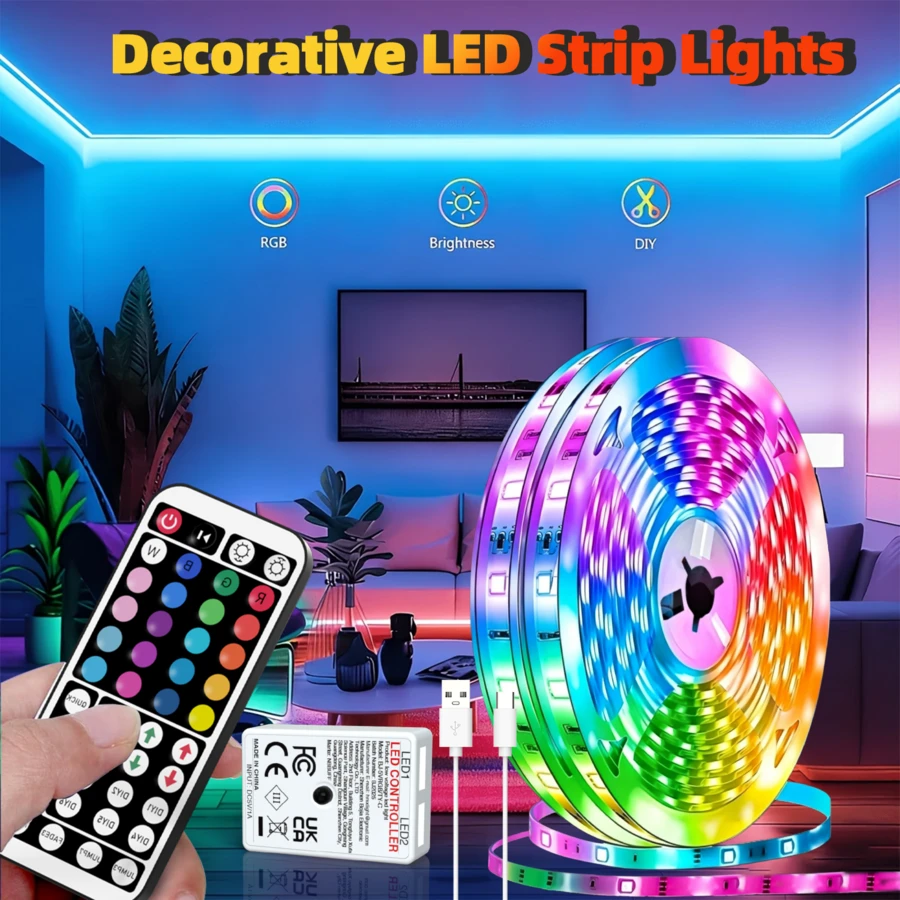 Tiras de luces LED RGB de 3‑100 pies, control remoto de 44 teclas, 6 modos DIY, brillo regulable, recortables, fáciles de instalar, luces decorativas de cambio de color para decoración de habitación, decoración de pared, decoración del hogar, fiesta, estantería