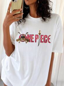 One Piece Graphic T-Shirt, Retro Manga Style, Round Neck, Short Sleeves, White, For Fans - White - View 1