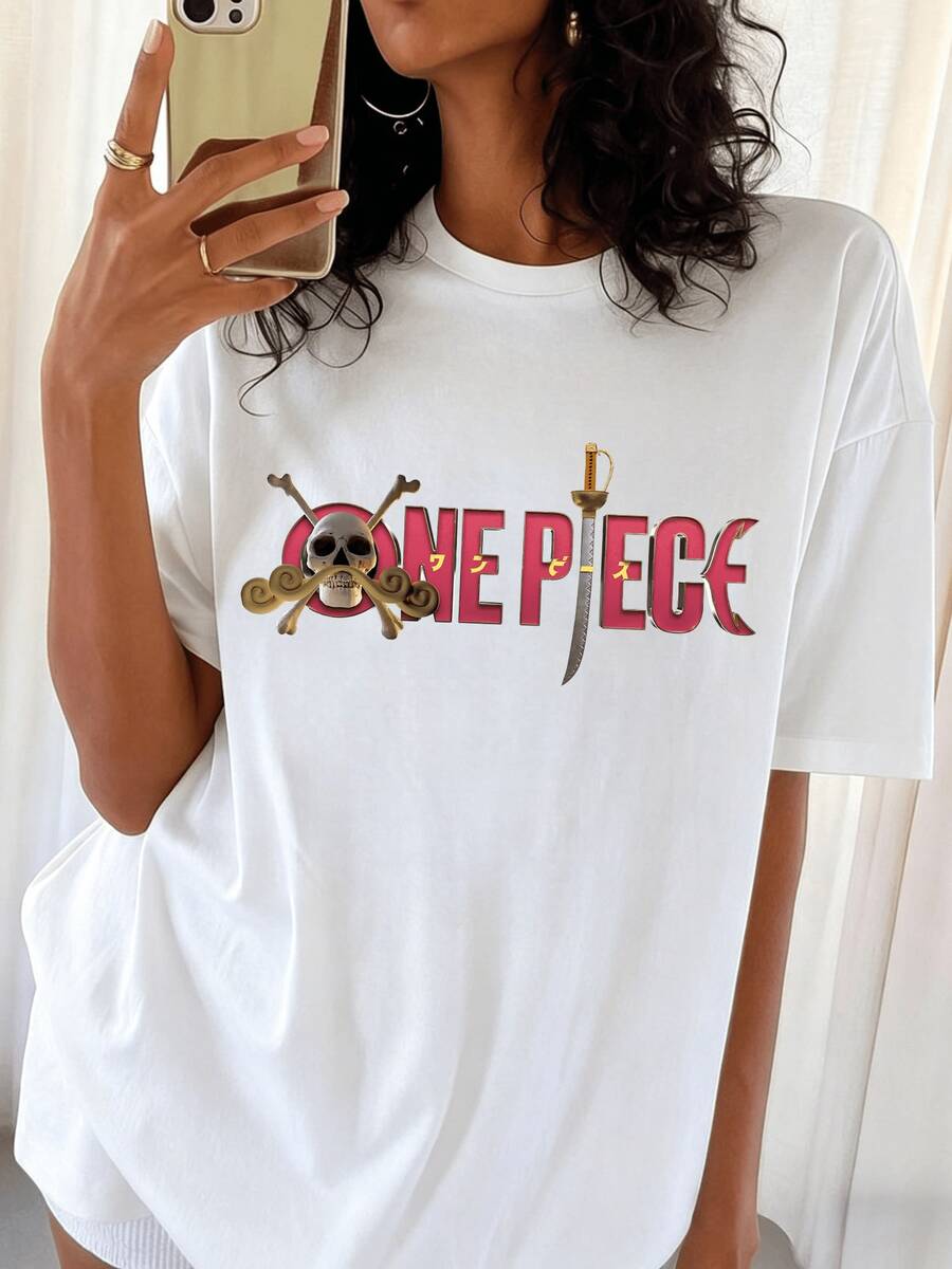 One Piece Graphic T-Shirt, Retro Manga Style, Round Neck, Short Sleeves, White, For Fans - White - View 1
