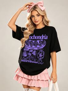 T-shirt d'été décontracté pour femmes, col rond doux, manches courtes, imprimé graphique de science mitochondriale violet, convient pour le printemps et l'été. Blanc - Noir - Voir 4