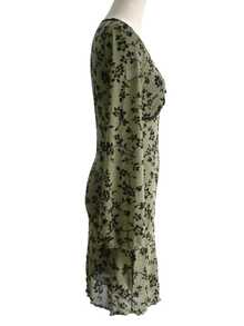 Y2K Floral Velvet Flocked Mesh Long Sleeve Flare Sleeve V-Neck Mini Dress With Bow Detail - Verde Oliva - Ver 8