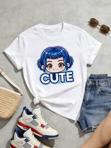 Women's Summer Casual Soft Round Neck Short Sleeve T-Shirt,Chibi "CUTE" Girl Print Graphic Suitable For Spring Summer.White - White - View 5