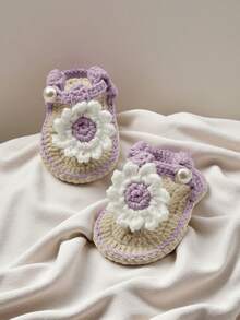 1 Pair Handmade Infant Sandals, Crochet Daisy Flower Design, Yellow & White Color, Pearl Button Detail - Mauve Purple - View 5