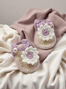 1 Pair Handmade Infant Sandals, Crochet Daisy Flower Design, Yellow & White Color, Pearl Button Detail - Mauve Purple - View 4