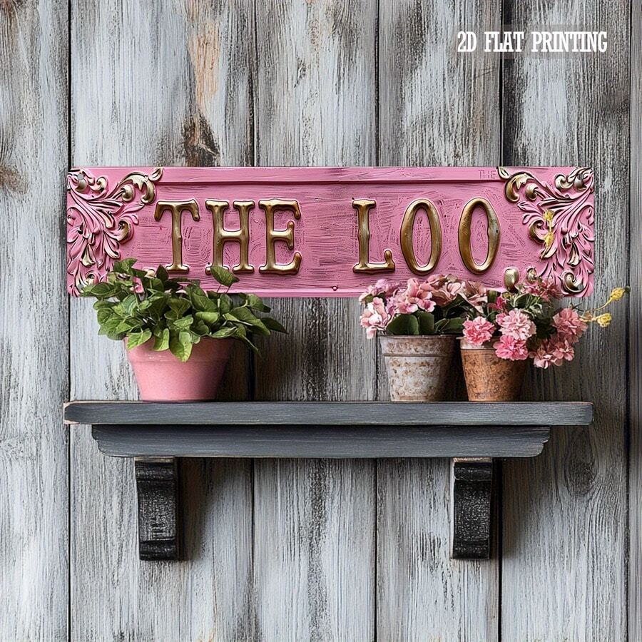 2D Printed 1pc Vintage "The Loo" Metal Sign - Retro Style Wall Decor For Home, Cafe, Garage, Farmhouse, Bathroom, Kitchen, Garden, Gold Lettering & Floral Design, Bathroom Decor (Suitable For 11 Holidays) - Multicolor - View 1