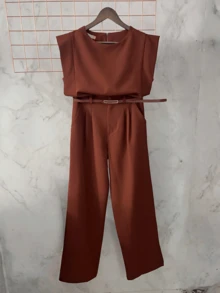 Women's Set: Summer Sleeveless Solid Color Round Neck Top And Wide Leg Pants With Belt And Bag - Camel - View 4